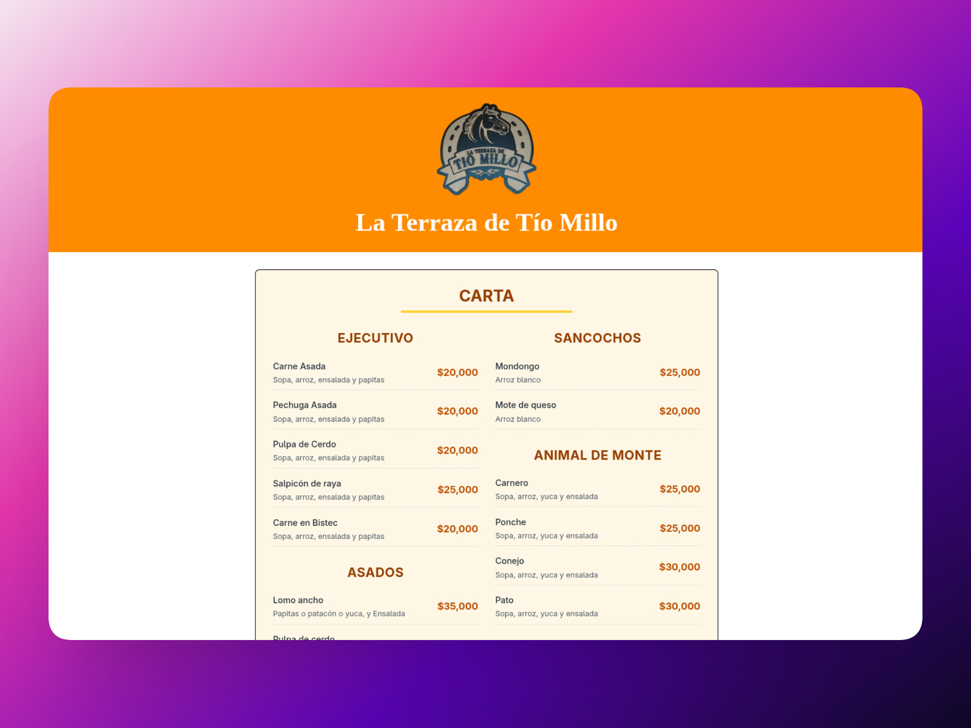 Image for Menú en tiempo real para restaurante Tío Millo